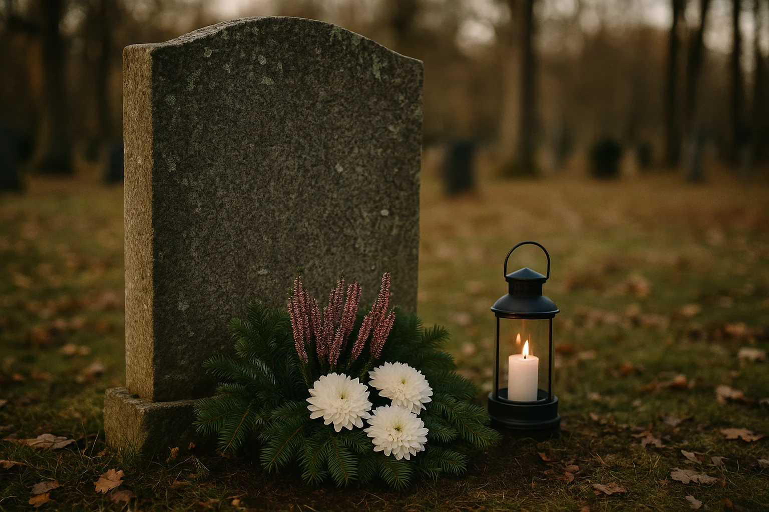 Versierd graf met krans, chrysanten en grafkaars met Allerheiligen